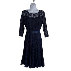 Joseph Ribkoff Navy Blue Embroidered Lace Overlay Dress Women's Sz 10 Satin Belt